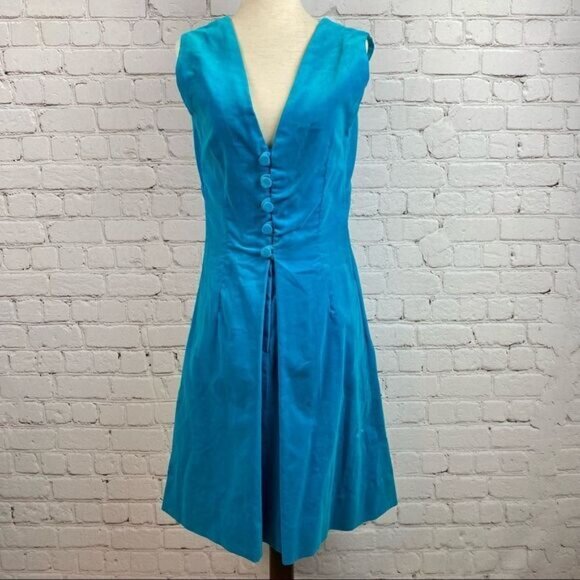 Vintage 60s Turquoise Velvet Button Front Sleeveless Dress - Picture 1 of 8